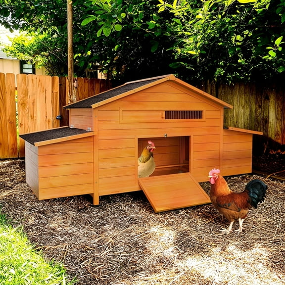 Pefilos 69" Outdoor Wooden Chicken Coop with Nesting Box, Ramp, Backyard Hen House for 4 Chickens, Poultry Hutch with Leakproof Tray, Beige