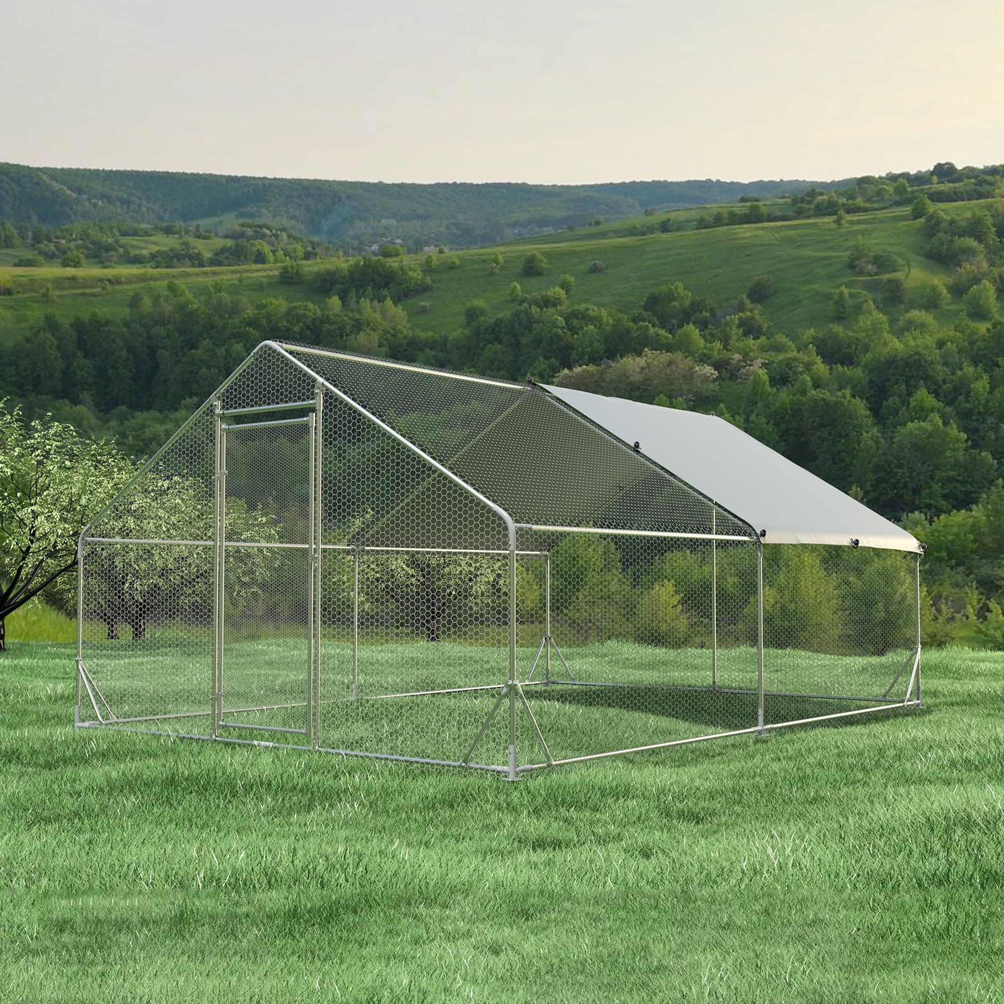 Pefilos 13'L Outdoor Large Chicken Coop, Walk-in Metal Poultry Cage Hen Run House Rabbits Habitat Pen with Waterproof and Anti-Ultraviolet Cover, Silver