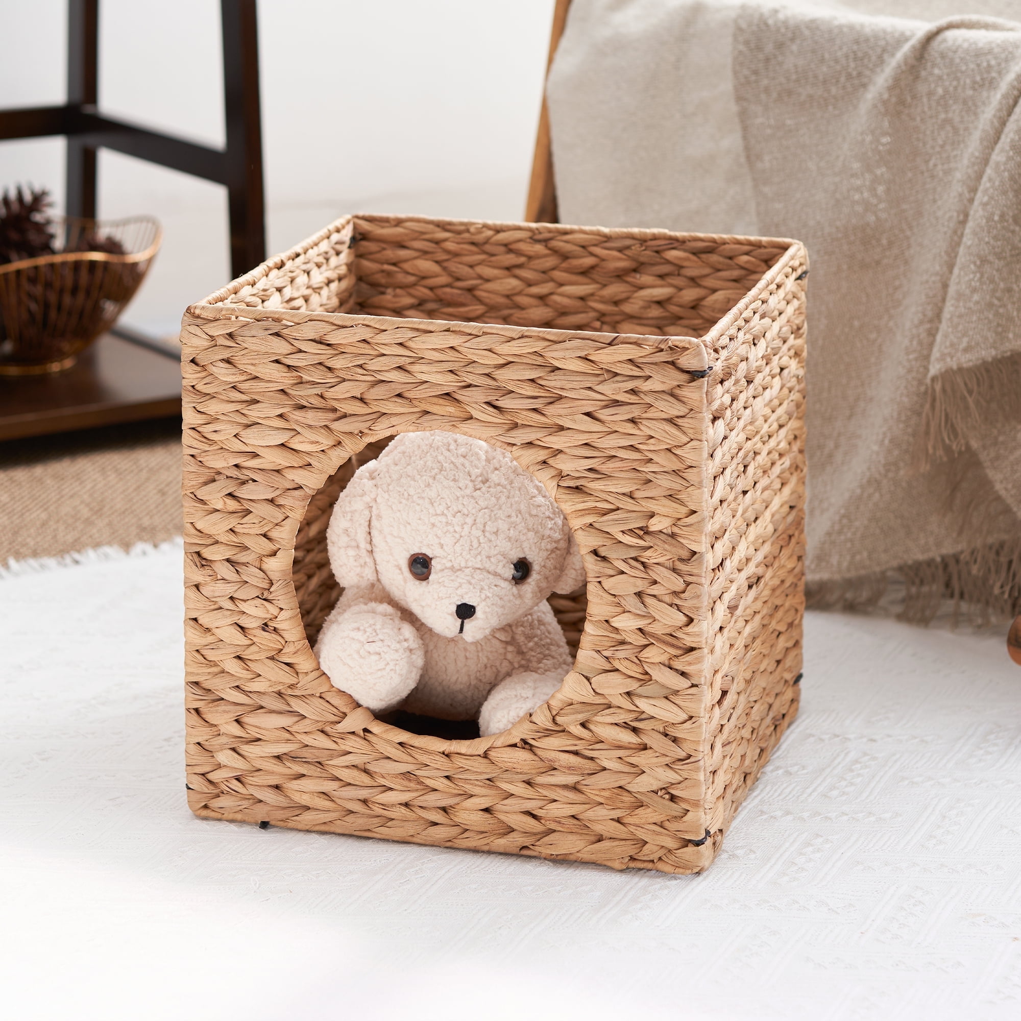 Natural Brown Water Hyacinth Woven Wicker Square Cat Bed Cave