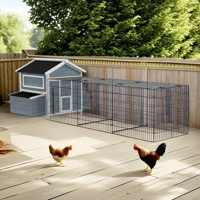 Pefilos 131" Outdoor Large Chicken Coop, Wooden Hen House with Pull-out Tray, Runs and Chicken Nesting Box Rabbit Hutch Bunny Cage, Gray