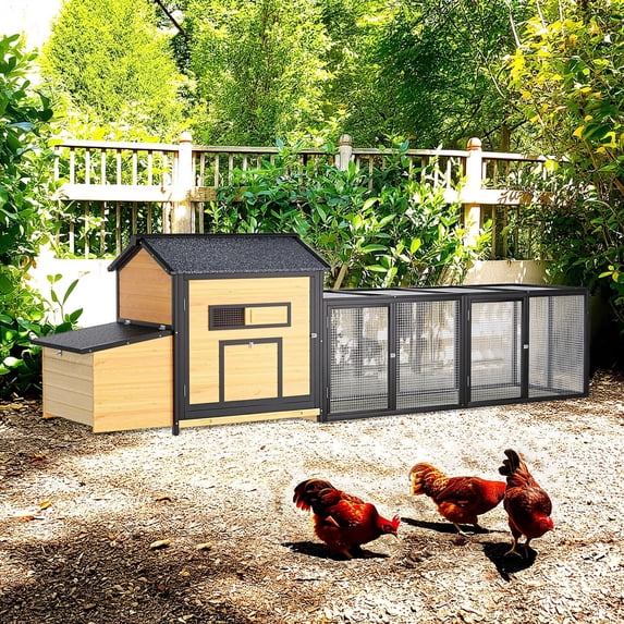 Pefilos 118" Outdoor Large Chicken Coop, Wooden Hen House with Pull-out Tray, Runs and Chicken Nesting Box Rabbit Hutch Bunny Cage, Yellow