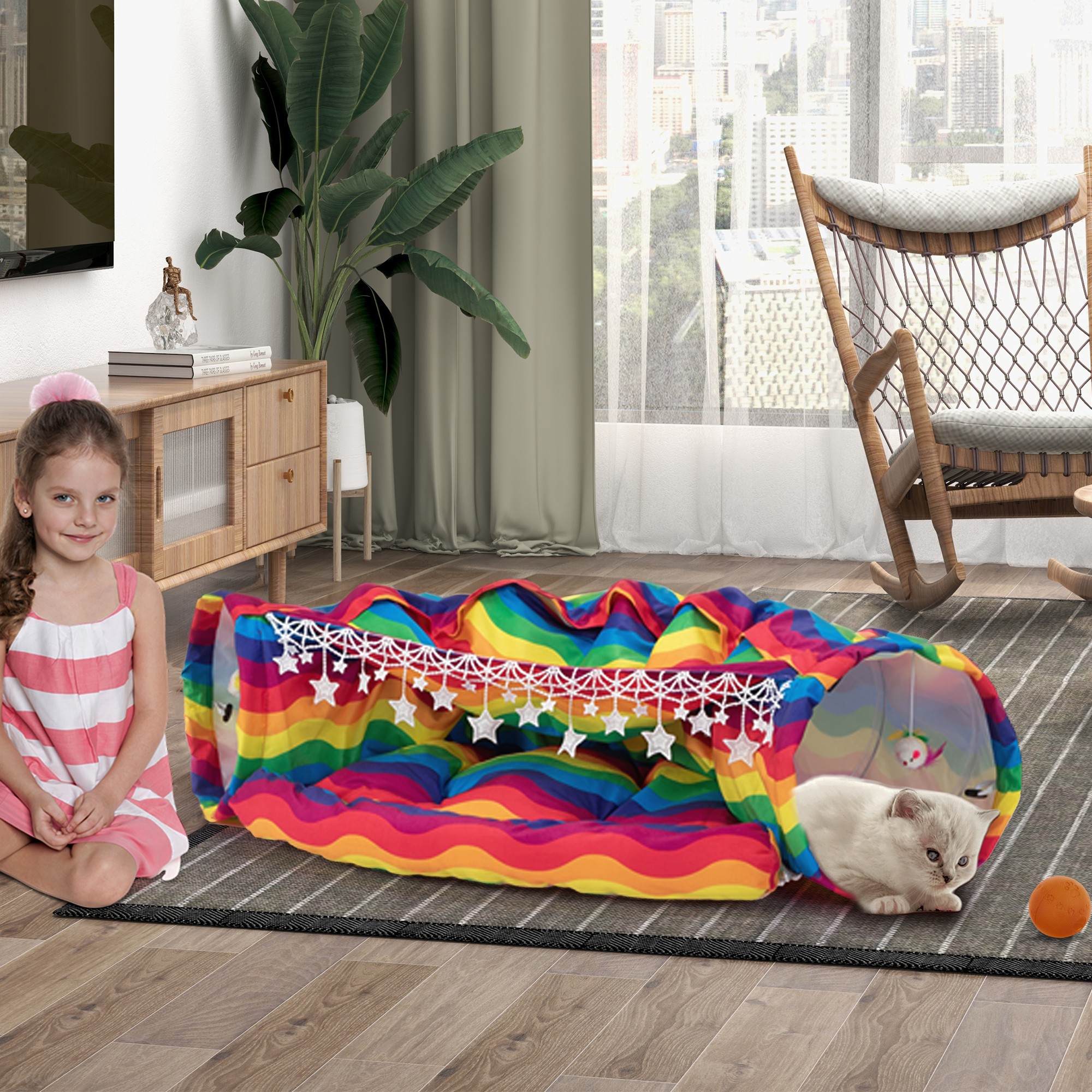 Pefilos 50" Large Cat Tunnel Bed for Indoor, Cat Tube with Collapsible Washable Cat Bed, Cat Toys for Small Medium Kitty City, Multi-color Pefilos 50" Large Cat Tunnel Bed for Indoor, Cat Tube with Collapsible Washable Cat Bed, Cat Toys for Small Medium Kitty City, Multi-color