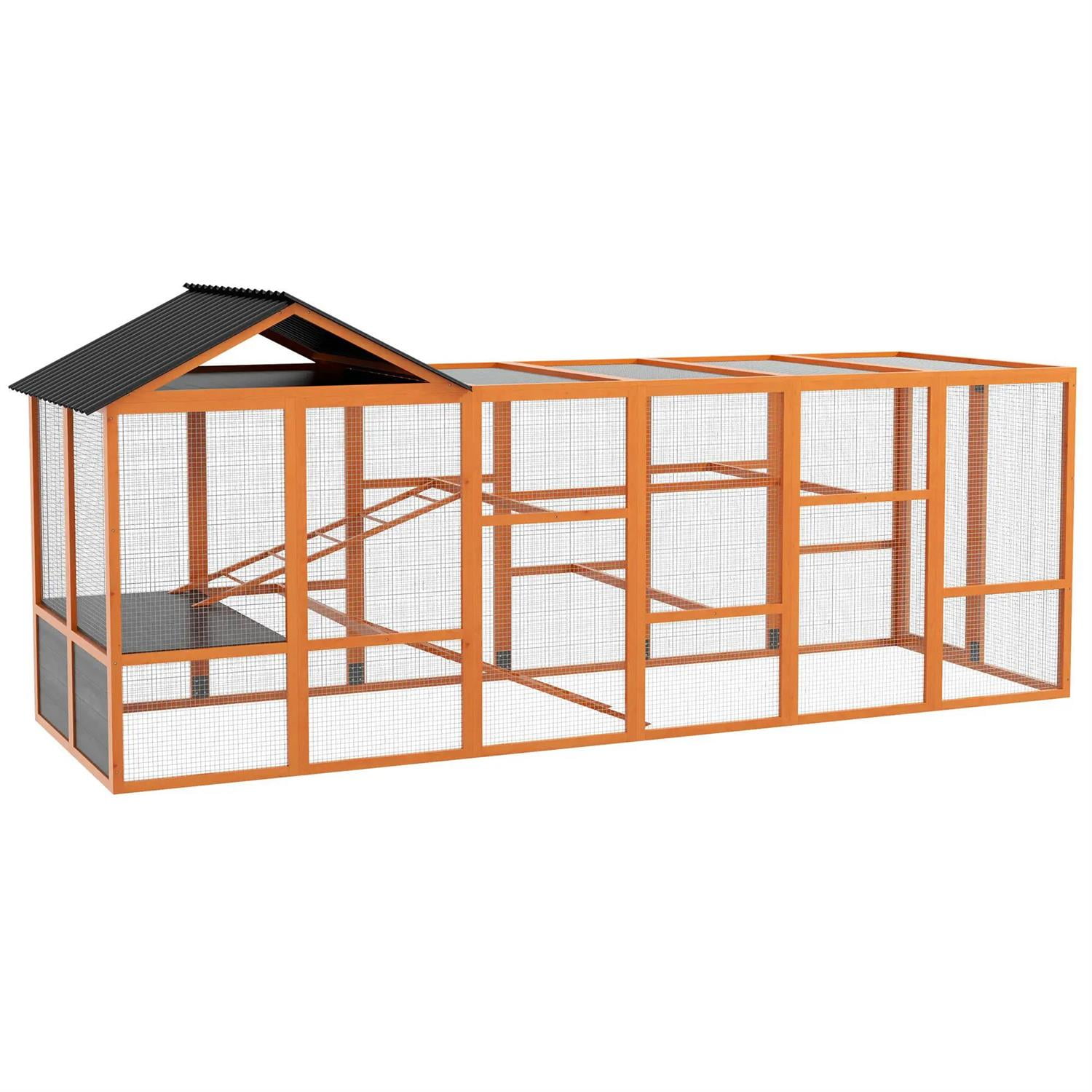 Pefilos 141" Large Chicken Coop Rabbit Hutch, Outdoor Wooden Poultry Cage Hen House Add-On with Storage, Perches for Garden Backyard, Orange