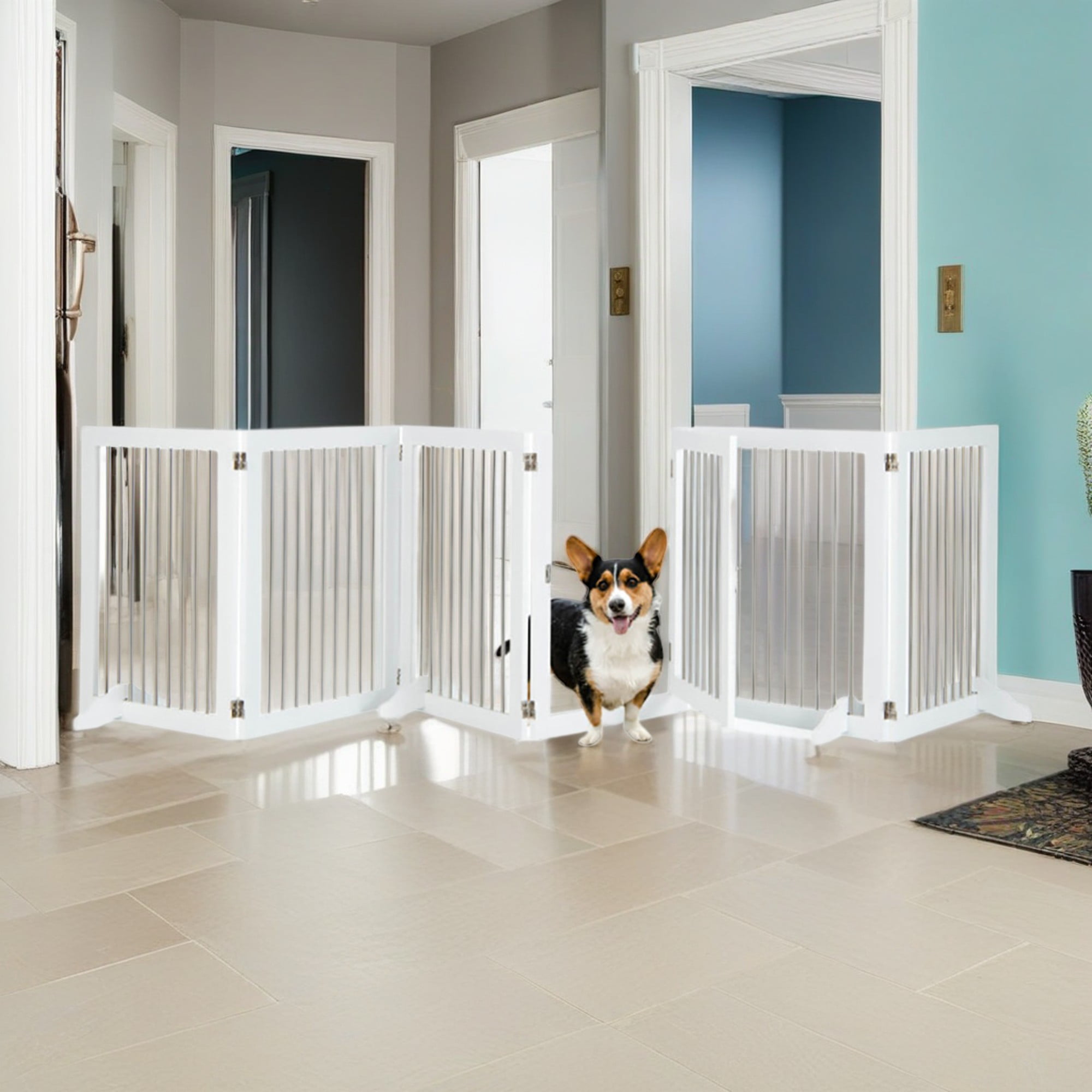 Pefilos 144" Freestanding Dog Gate, Folding Pet Playpen Puppy Safety Fence, Wood Dog Playpen with 4 Support for Stairs, White