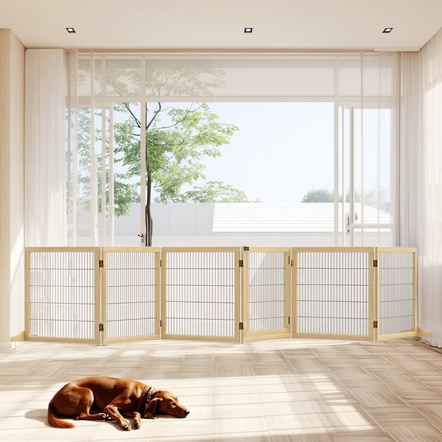 Pefilos 144" Wide Dog Gate with Door Walk Through, 32" Tall Freestanding Wire Pet Gate for The House, Doorway, Stairs, Pet Puppy Safety Fence, Support Feet Included, Brown
