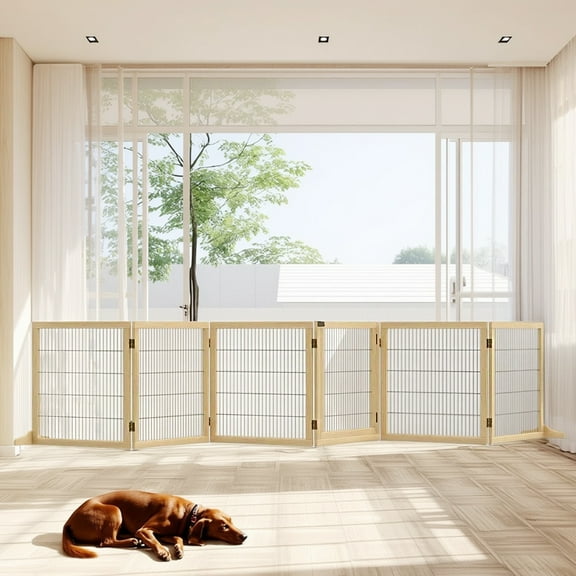 Pefilos 144" Wide Dog Gate with Door Walk Through, 32" Tall Freestanding Wire Pet Gate for The House, Doorway, Stairs, Pet Puppy Safety Fence, Support Feet Included, Brown