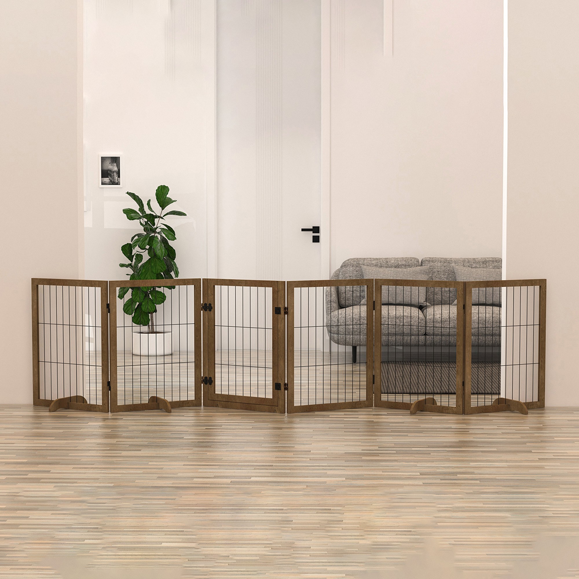 Pefilos 144" Wide Dog Gate with Door Walk Through, 32" Tall Freestanding Wire Pet Gate for The House, Doorway, Stairs, Pet Puppy Safety Fence, Support Feet Included, Brown Pefilos 144" Wide Dog Gate with Door Walk Through, 32" Tall Freestanding Wire Pet Gate for The House, Doorway, Stairs, Pet Puppy Safety Fence, Support Feet Included, Brown