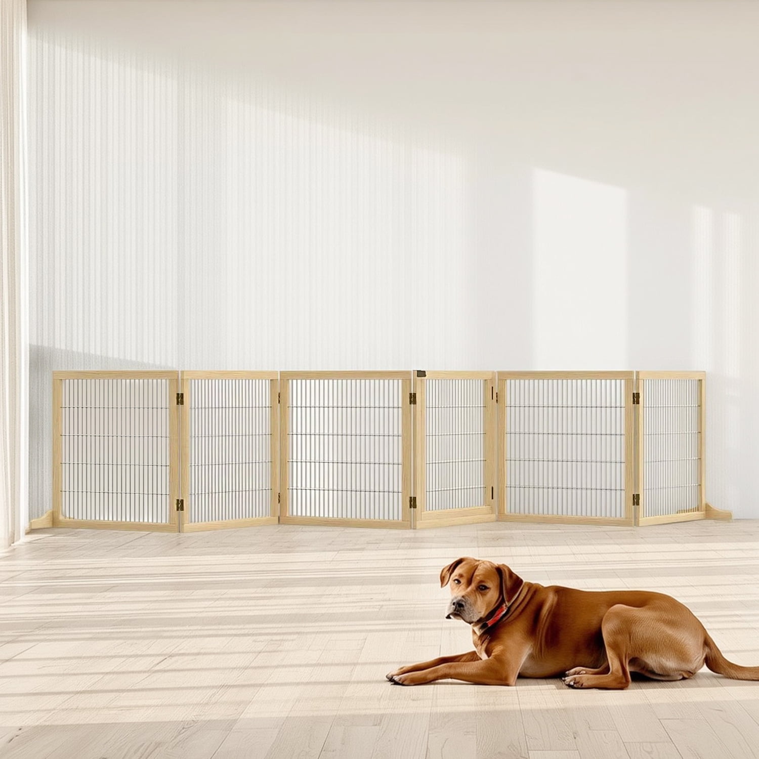 Pefilos 144" Wide Folding Pet Gate, 32" Tall No-Assembly Wood Dog Gate with Door Walk Through, Freestanding Wire Pet Gate, Pet Puppy Safety Fence, Brown