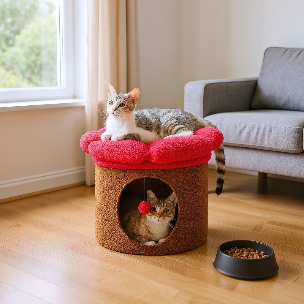 Pefilos 15" Cat House Condo with Tree, Cave Bed & Removable Flower Cat Cushion, Brown