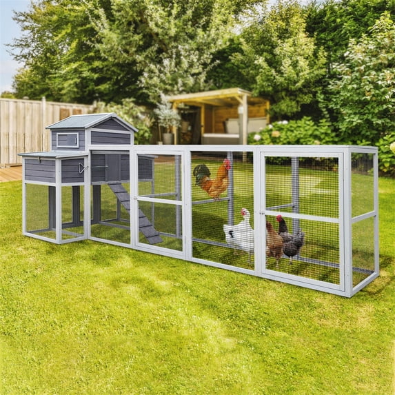 Pefilos 150" Large Chicken Coops for Outdoor with 2 Nesting Boxes and Perches, Wood Rabbit Hutch, Hen House for 6-10 Hens, Gray