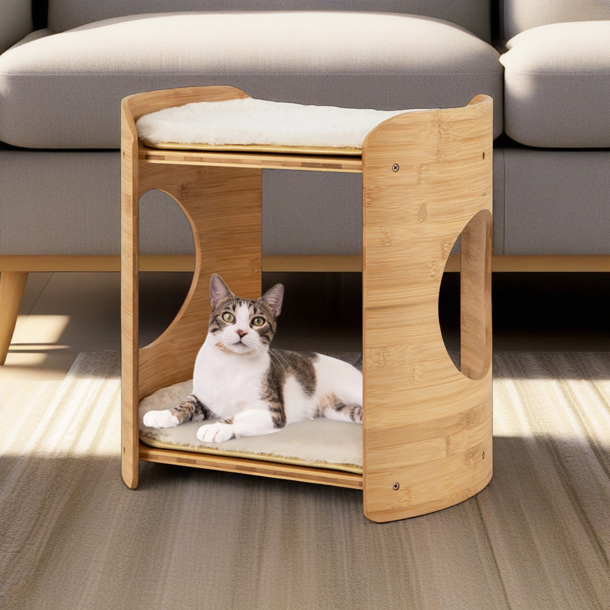 Pefilos 16" Cat House Bamboo Cat Condo, 2-Tier Indoor Cat Bed, Cat Shelter Furniture with Cushion, Beige Pefilos 16" Cat House Bamboo Cat Condo, 2-Tier Indoor Cat Bed, Cat Shelter Furniture with Cushion, Beige