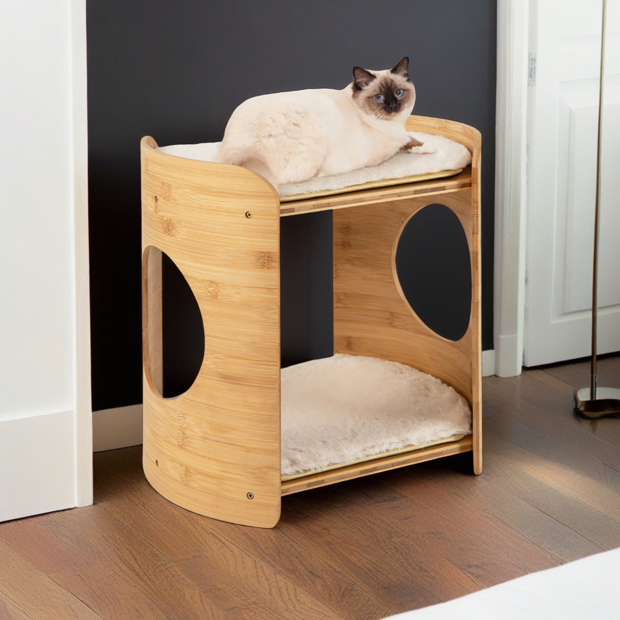 Pefilos 16" Cat House for Indoor Cats, Natural Bamboo Frame Cat Condo, 2-Tier Cute Small Cat Nest with Cat Cave, Beige Pefilos 16" Cat House for Indoor Cats, Natural Bamboo Frame Cat Condo, 2-Tier Cute Small Cat Nest with Cat Cave, Beige
