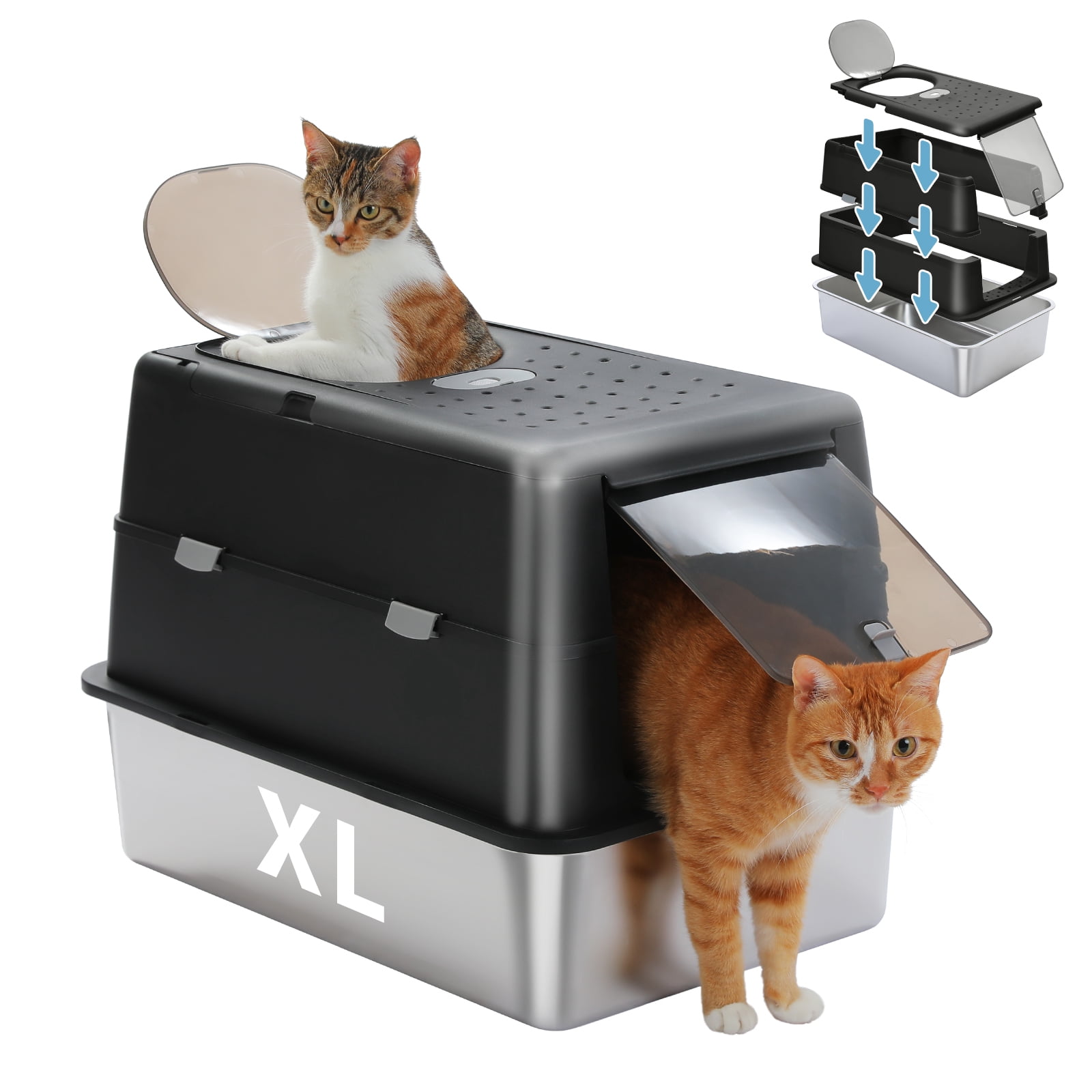 Pefilos 16" High Sides Stainless Steel Cat Litter Box, Anti-Leakage Enclosed Litter Box with Non-Sticky Metal Pan, Scoop, Front & Top Dual Entry for Big Cats, Black