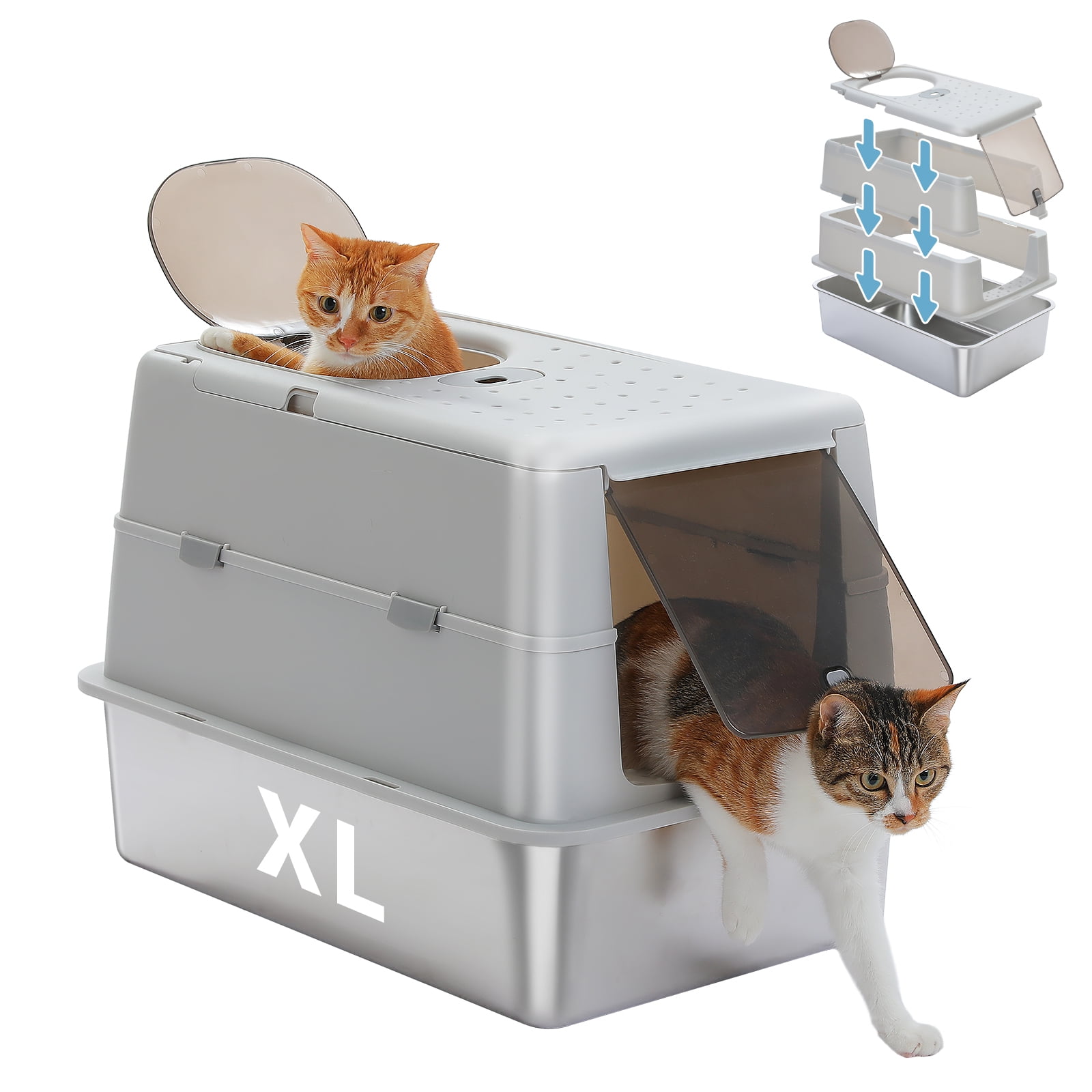 Pefilos 16" High Sides Stainless Steel Cat Litter Box, Anti-Leakage Enclosed Litter Box with Non-Sticky Metal Pan, Scoop, Front & Top Dual Entry for Big Cats, Gray