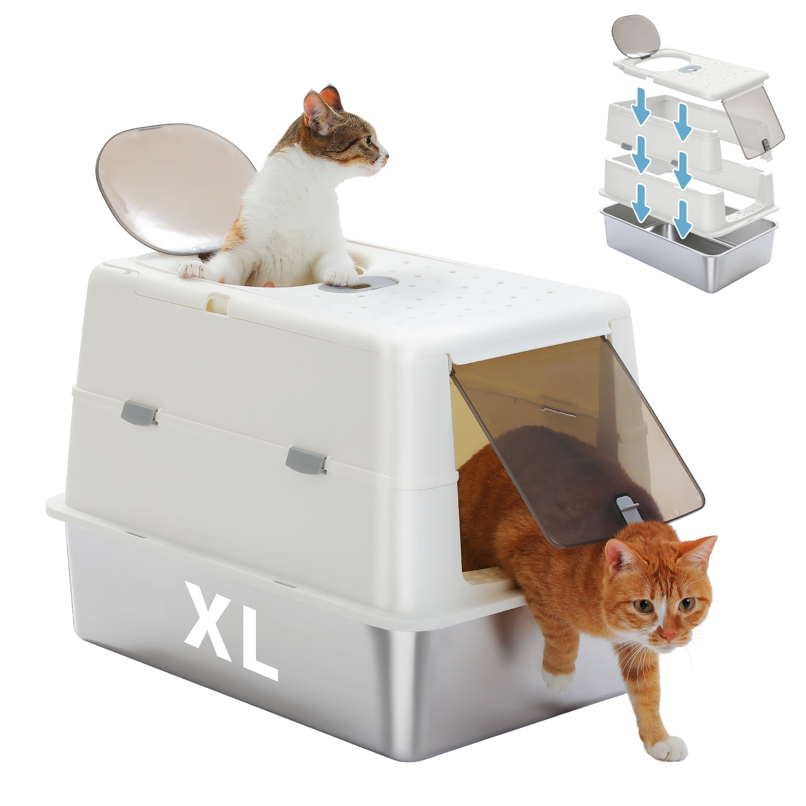 Pefilos 16" High Sides Stainless Steel Cat Litter Box, Anti-Leakage Enclosed Litter Box with Non-Sticky Metal Pan, Scoop, Front & Top Dual Entry for Big Cats, White