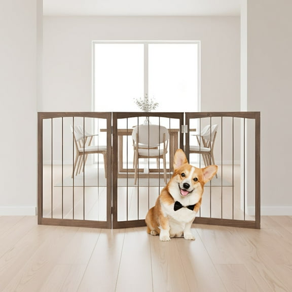 Pefilos 17.5" Freestanding Pet Dog Gate for House Doorway Stairs Indoor Wooden Dog Fence 3 Panels Foldable, Beige