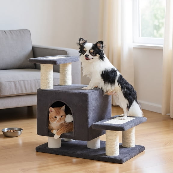 Pefilos 21" Cat Tree Tower with Scratching Post, 3-Step Pet Dog Stairs with Cat Condo for Small Dog, Gray