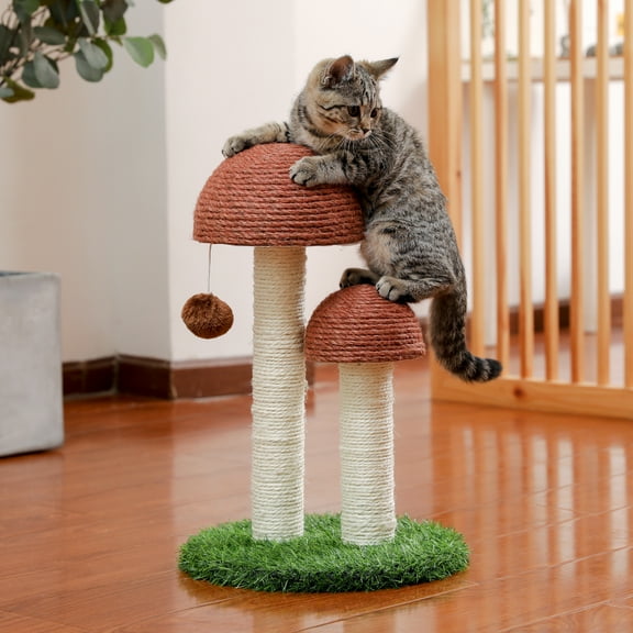 Pefilos 18" Cat Scratching Post, Mushroom Tall Cat Scratcher Featuring Scratching Poles Cat Tower for Kittens, Brown