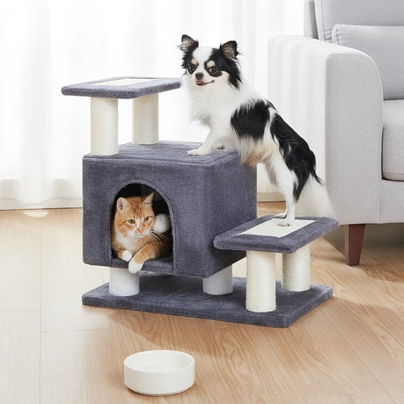Pefilos 21 Inch Pets Cat Scratching Post Cat Scratcher Toy with Feather Stick and Mat Wooden 1-Layer Cat Turntable with 5 Interactive Balls and Dangling Ball Cat Toy, Beige