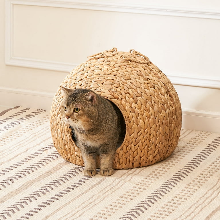 Pefilos 18 Indoor Cave Cat Beds for Cats and Small Dogs Water Hyacinth Woven Wicker Cat House Condo Brown
