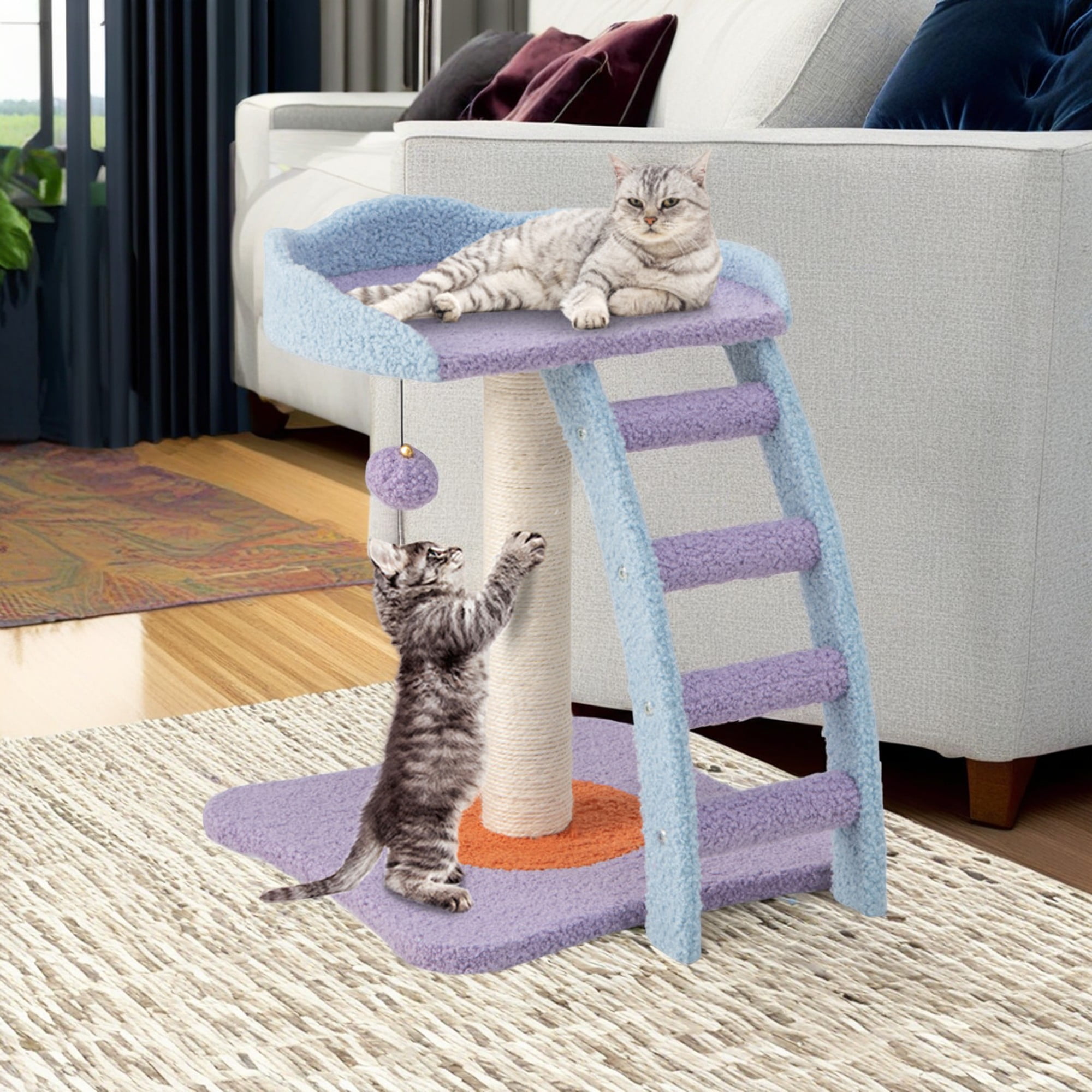 Pefilos 19" Cat Scratching Post with Sisal Covered and Ladder, Cat Scratcher Post for Indoor Cats, Cozy Cat Scratch Tree Tower Cat Houses, Purple Pefilos 19" Cat Scratching Post with Sisal Covered and Ladder, Cat Scratcher Post for Indoor Cats, Cozy Cat Scratch Tree Tower Cat Houses, Purple