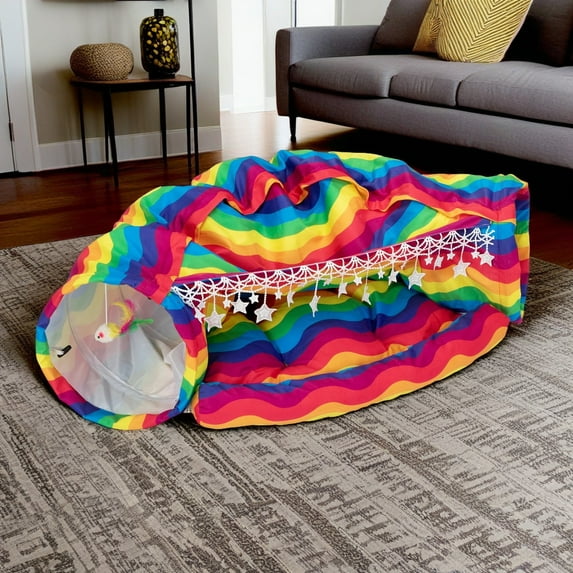 Pefilos 2-in-1 Large Cat Tunnel Bed for Indoor, Cat Tube with Collapsible Washable Cat Bed, Cat Toys for Small Medium Kitty City, Multi-color