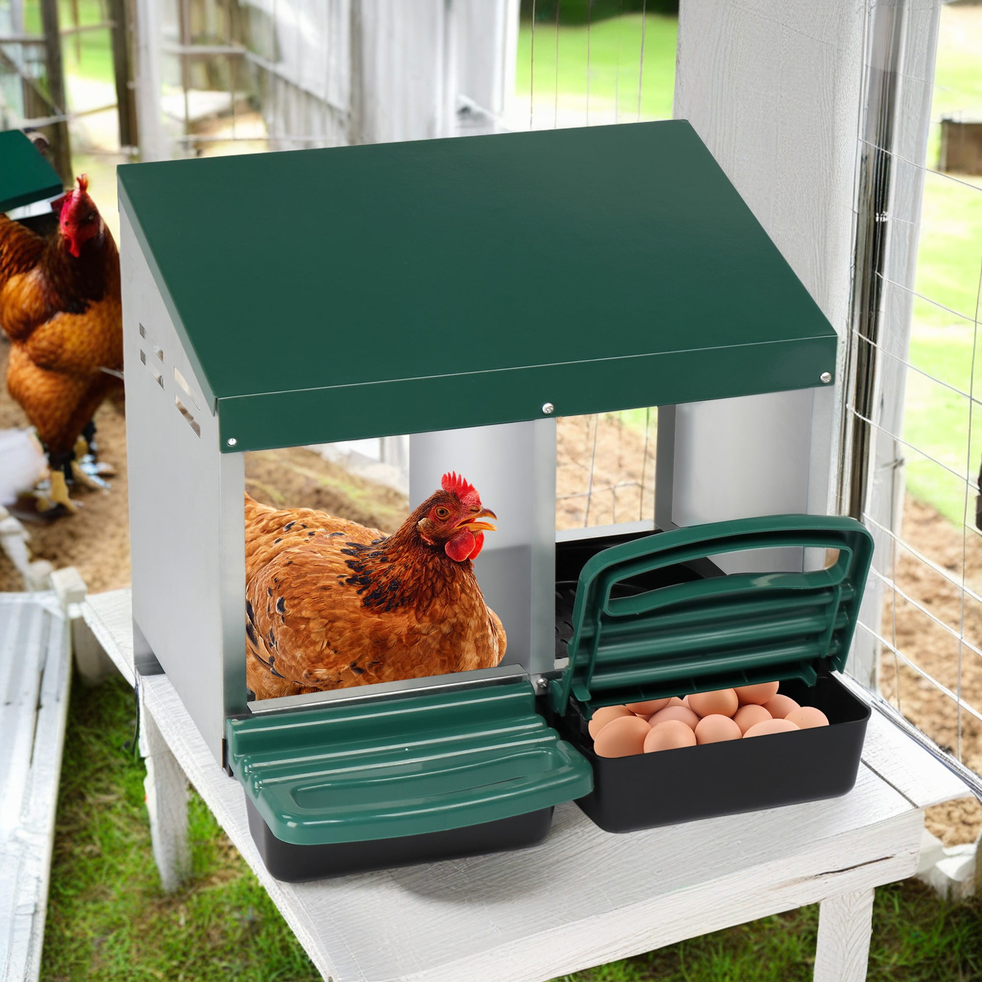 Pefilos 2 Compartment Roll Out Chicken Nesting Box with Plastic Basket, Egg Nest Box Chicken Laying Box Hens Chicken Coop Poultry Box, Green Pefilos 2 Compartment Roll Out Chicken Nesting Box with Plastic Basket, Egg Nest Box Chicken Laying Box Hens Chicken Coop Poultry Box, Green