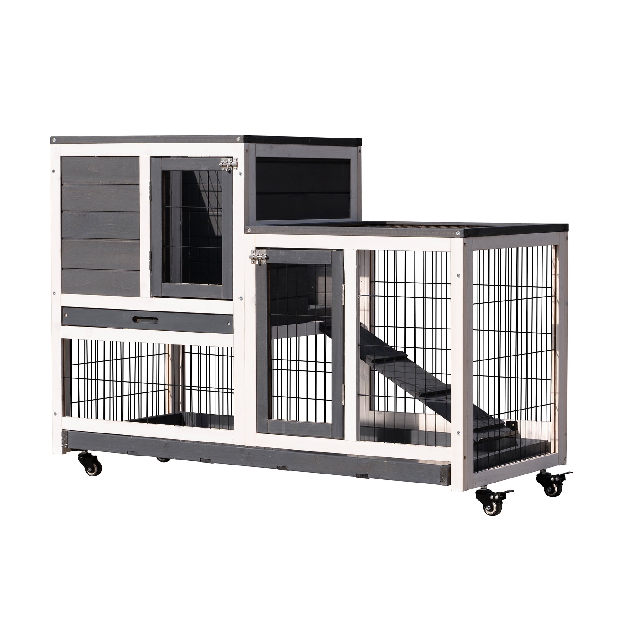 Pefilos 2 Story Design Rabbit Hutches for Outdoor with Wheels Pet Cage with Tray, Fir Wood Construction for Hamster, Guinea Pig, Gray Pefilos 2 Story Design Rabbit Hutches for Outdoor with Wheels Pet Cage with Tray, Fir Wood Construction for Hamster, Guinea Pig, Gray