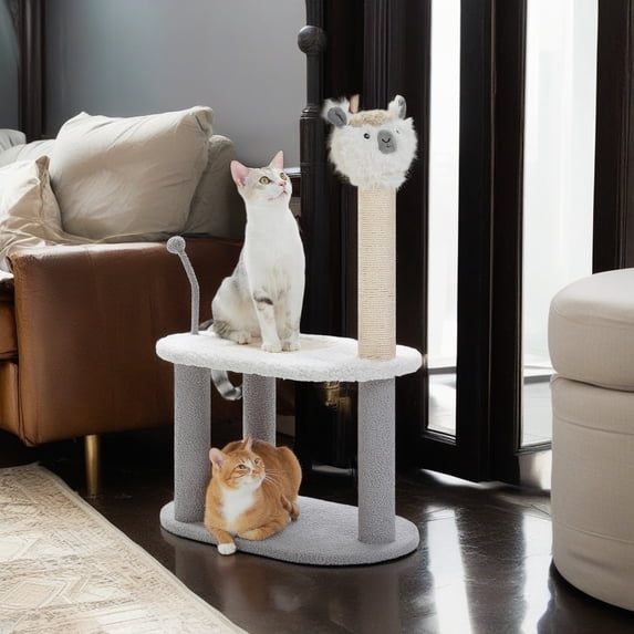 Pefilos 2 Tier Cat Tree with Scratching Board and Post for Indoor Cats, Alpaca Shape Cat Tower for Kittens, Gray