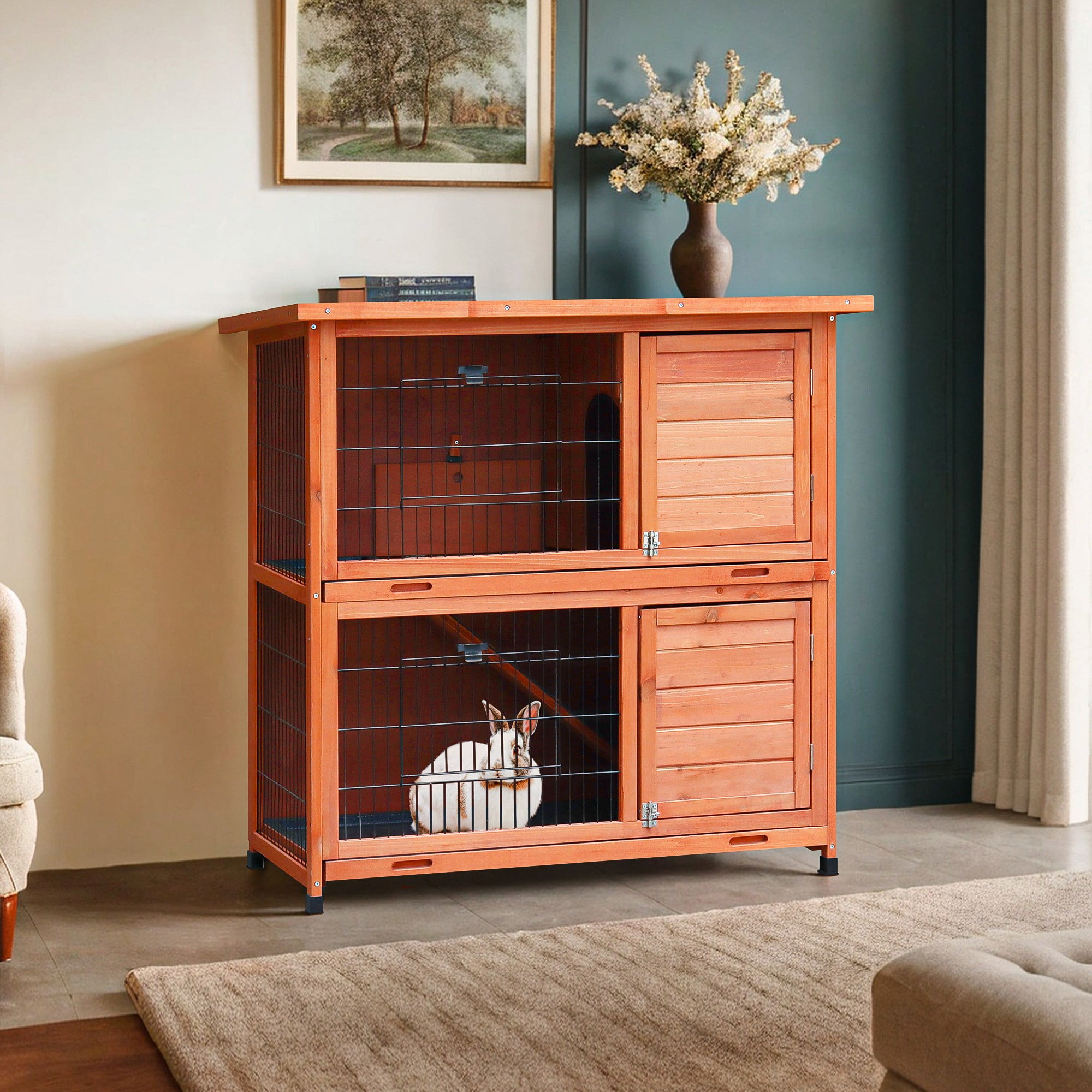 Pefilos 2-Tier Rabbit Hutch Bunny Cage with Wheels, Indoor Outdoor Guinea Pig Cage, Orange