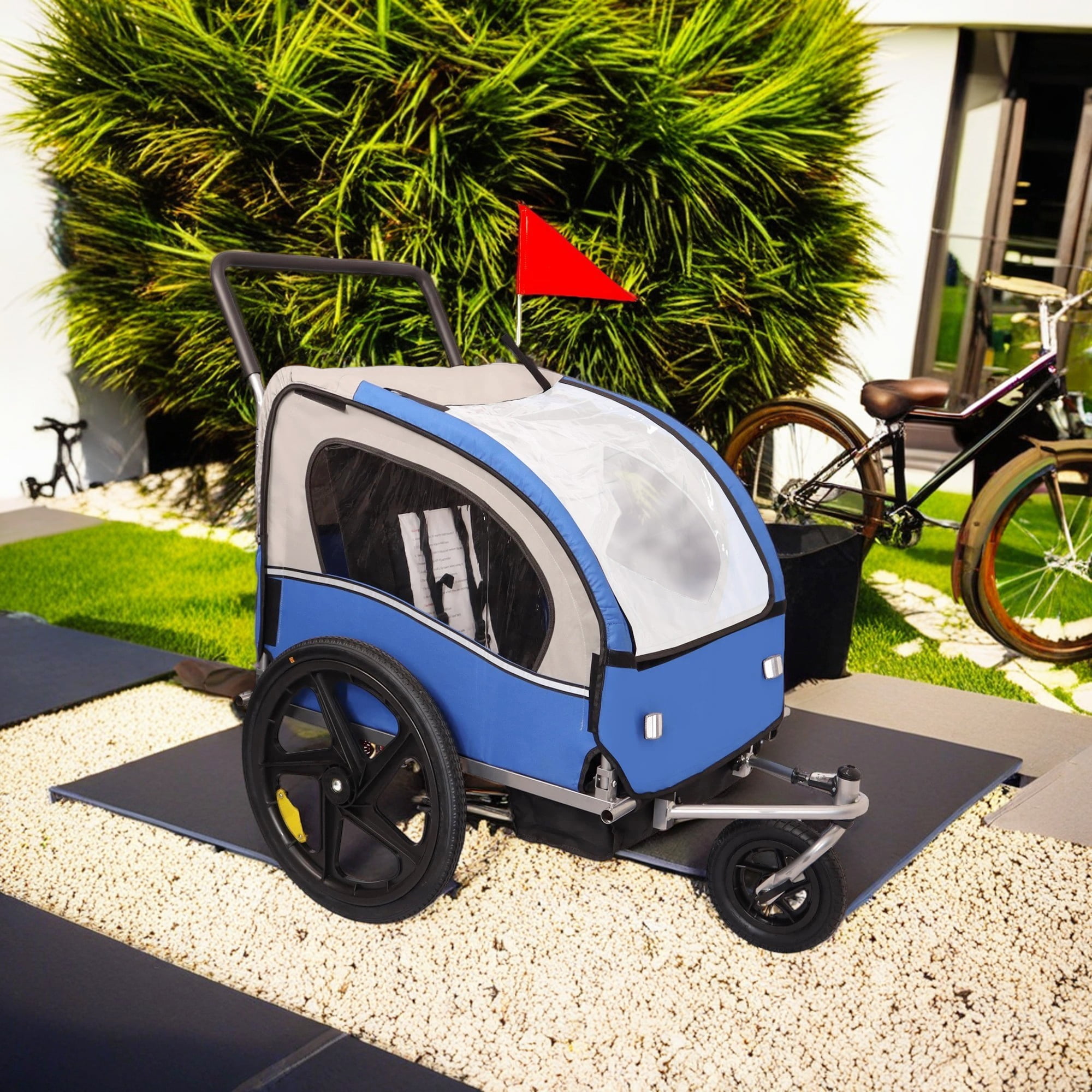Pefilos 2-in-1 Dog Bike Trailer, 2 Seat Pet Stroller Bicycle Carrier with Hitch, Suspension, Visibility Flag and Reflectors, 88 lb Weight Capacity, Blue Pefilos 2-in-1 Dog Bike Trailer, 2 Seat Pet Stroller Bicycle Carrier with Hitch, Suspension, Visibility Flag and Reflectors, 88 lb Weight Capacity, Blue