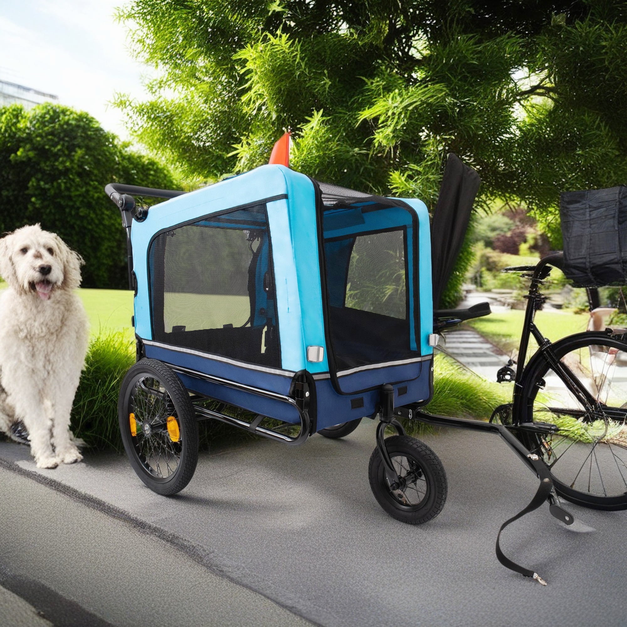 Pefilos 2-in-1 Dog Bike Trailer, Outdoor Heavy Pet Stroller Bicycle Carrier with Hitch, Suspension, Visibility Flag and Reflectors, 88 lb Weight Capacity, Blue Pefilos 2-in-1 Dog Bike Trailer, Outdoor Heavy Pet Stroller Bicycle Carrier with Hitch, Suspension, Visibility Flag and Reflectors, 88 lb Weight Capacity, Blue
