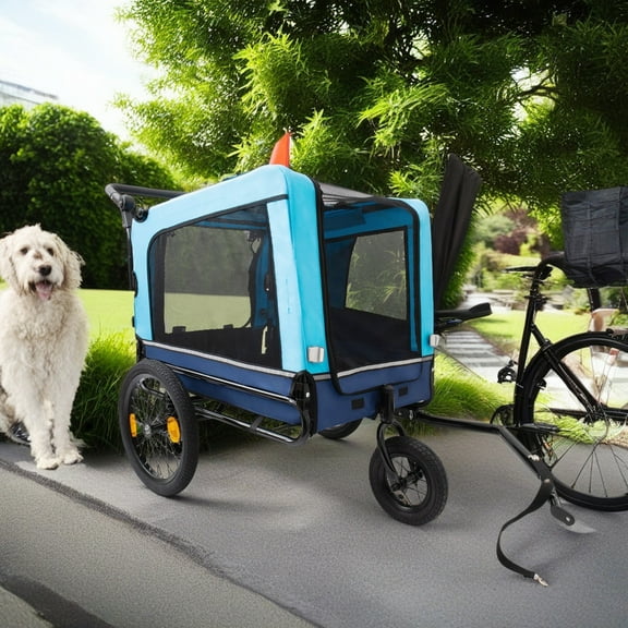 Pefilos 2-in-1 Dog Bike Trailer, Outdoor Heavy Pet Stroller Bicycle Carrier with Hitch, Suspension, Visibility Flag and Reflectors, 88 lb Weight Capacity, Blue