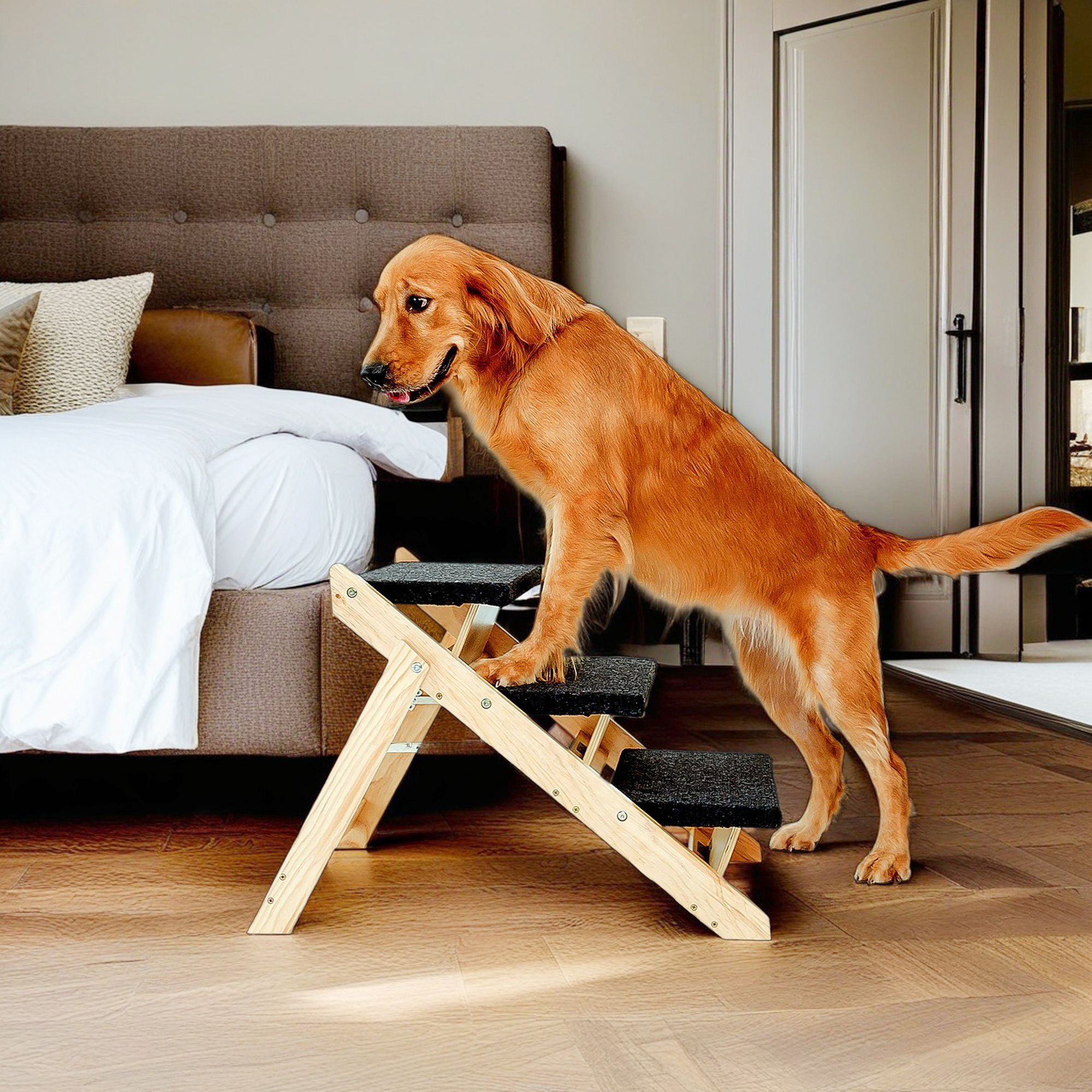 Pefilos 2-in-1 Dog Stairs/Dog Ramp with 3 Steps, Foldable Dog Steps for High Beds Cars Couch, Durable Wood Pet Stairs for Small Medium Large Dogs, Beige