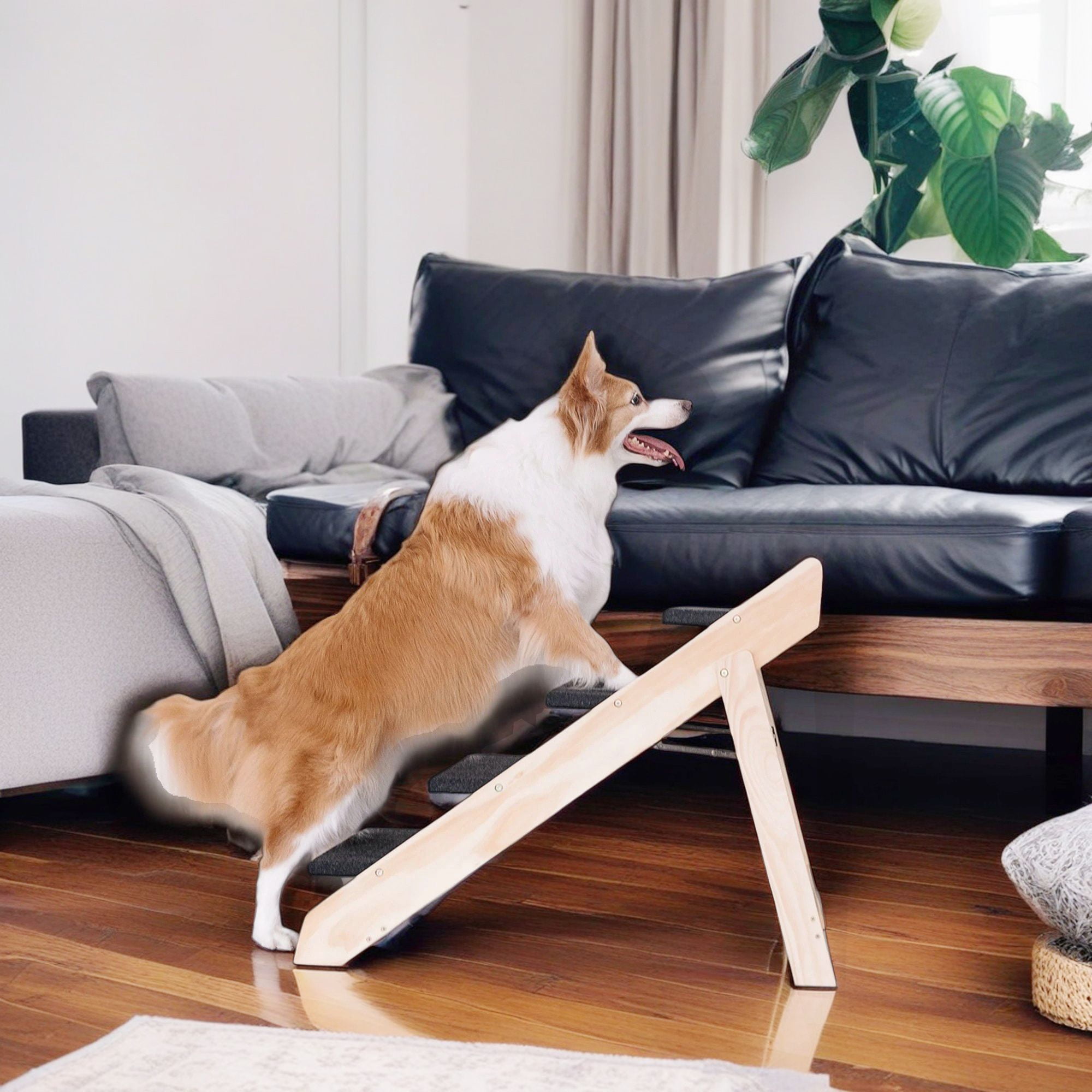 Pefilos 2-in-1 Dog Stairs/Dog Ramp with 4 Steps, Foldable Dog Steps for High Beds Cars Couch, Durable Wood Pet Stairs for Small Medium Large Dogs, Beige