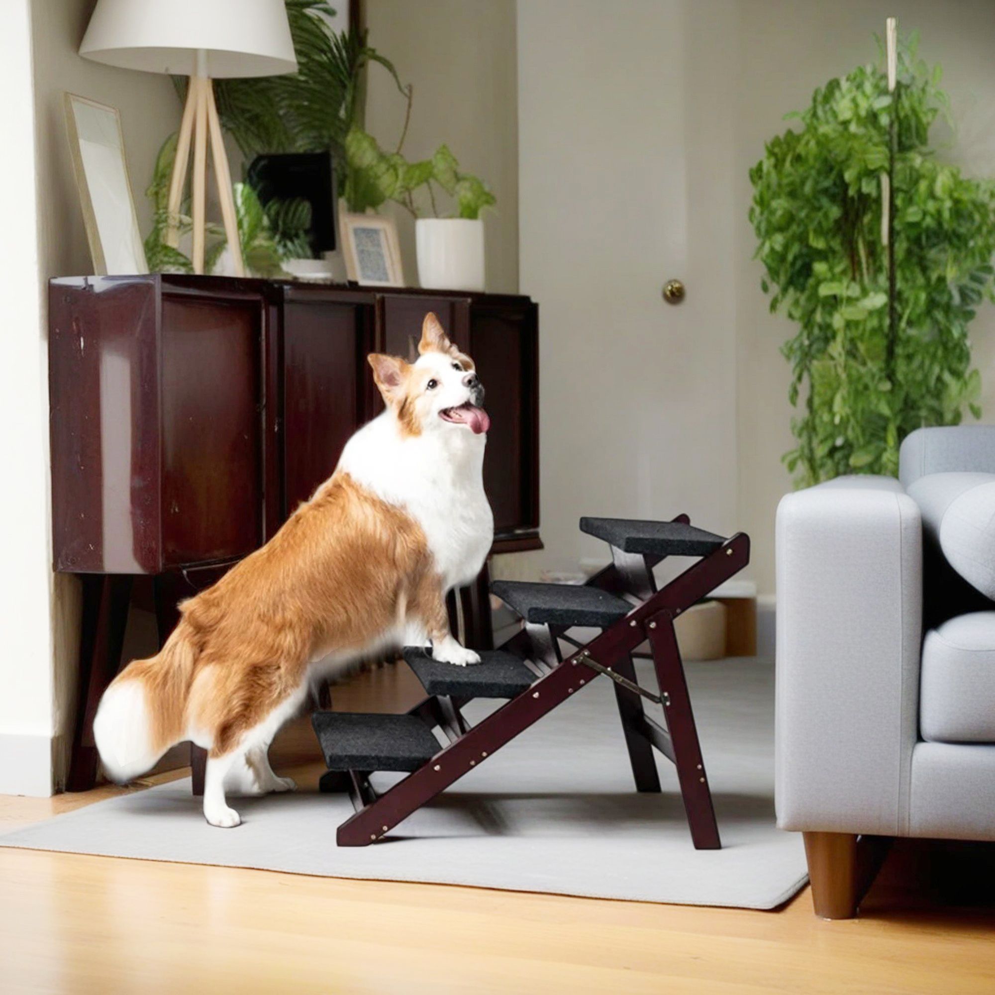 Pefilos 2-in-1 Dog Stairs/Dog Ramp with 4 Steps, Foldable Dog Steps for High Beds Cars Couch, Durable Wood Pet Stairs for Small Medium Large Dogs, Brown