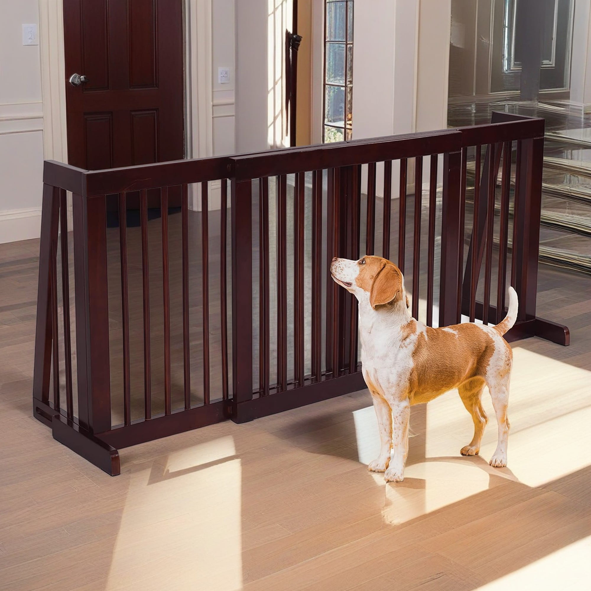 Pefilos 20 80 Adjustable Wooden Dog Fence Indoor Freestanding Pet Gates for Dogs Step Over Dog Gate Extra Wide for House Doorways Stairs Brown Walmart