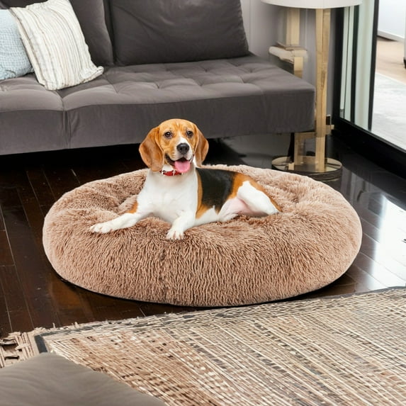 Pefilos 20" Calming Dog Bed Sofa, Anti-Slip Round Fluffy Plush Pet Cat Bed, Anti-Anxiety Donut Cuddler Warming Cozy Soft Round Cushion Bed for Indoor, Beige