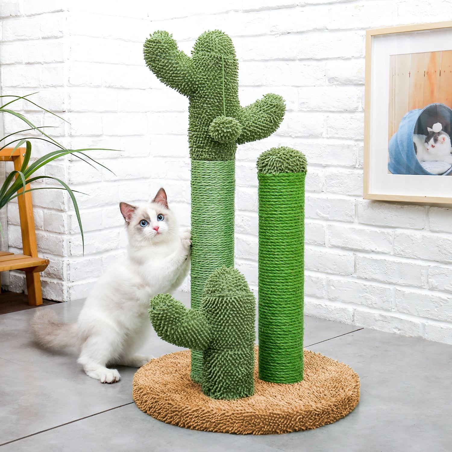 Pefilos 20" Cat Scratching Post for Adult Cats Cactus Cat Scratcher for Large Cats Featuring with 3 Scratching Poles and Interactive Dangling Ball Cat Tree for Indoor Cats, M