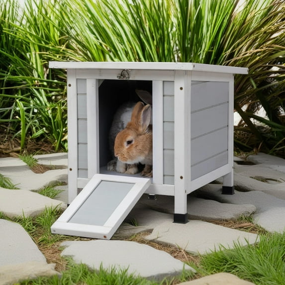Pefilos 20" Waterproof Pet Bunny House Wooden Rabbit Hutch for Outdoor Small Animal Cat Habitat, Gray