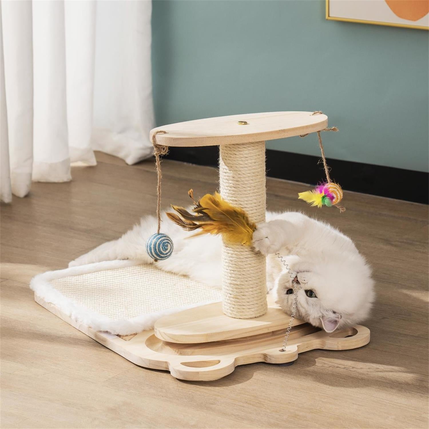 Pefilos 21 Inch Pets Cat Scratching Post Cat Scratcher Toy with Feather Stick and Mat Wooden 1-Layer Cat Turntable with 5 Interactive Balls and Dangling Ball Cat Toy, Beige Pefilos 21 Inch Pets Cat Scratching Post Cat Scratcher Toy with Feather Stick and Mat Wooden 1-Layer Cat Turntable with 5 Interactive Balls and Dangling Ball Cat Toy, Beige