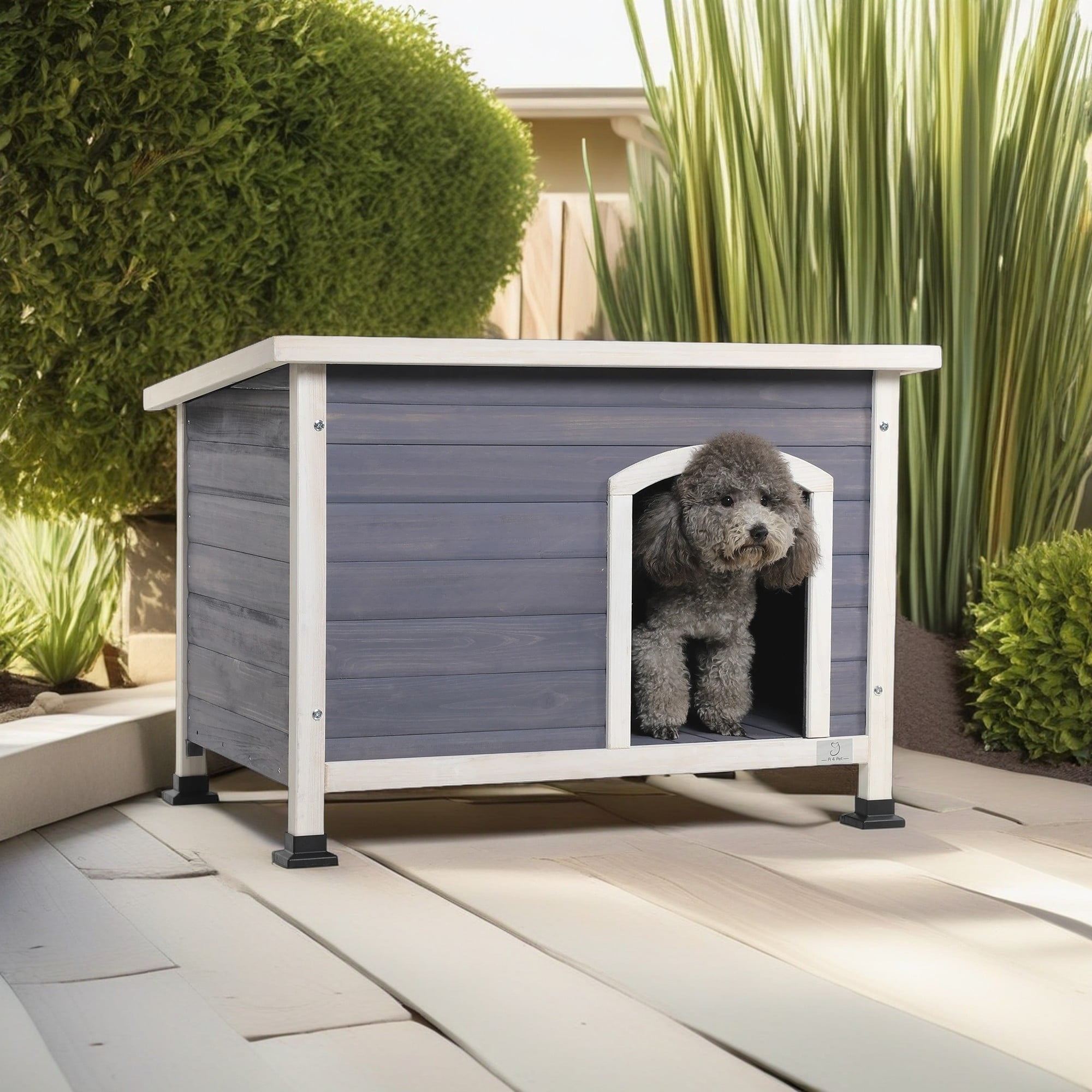Small Gray Wooden Outdoor Dog House with Elevated Floor