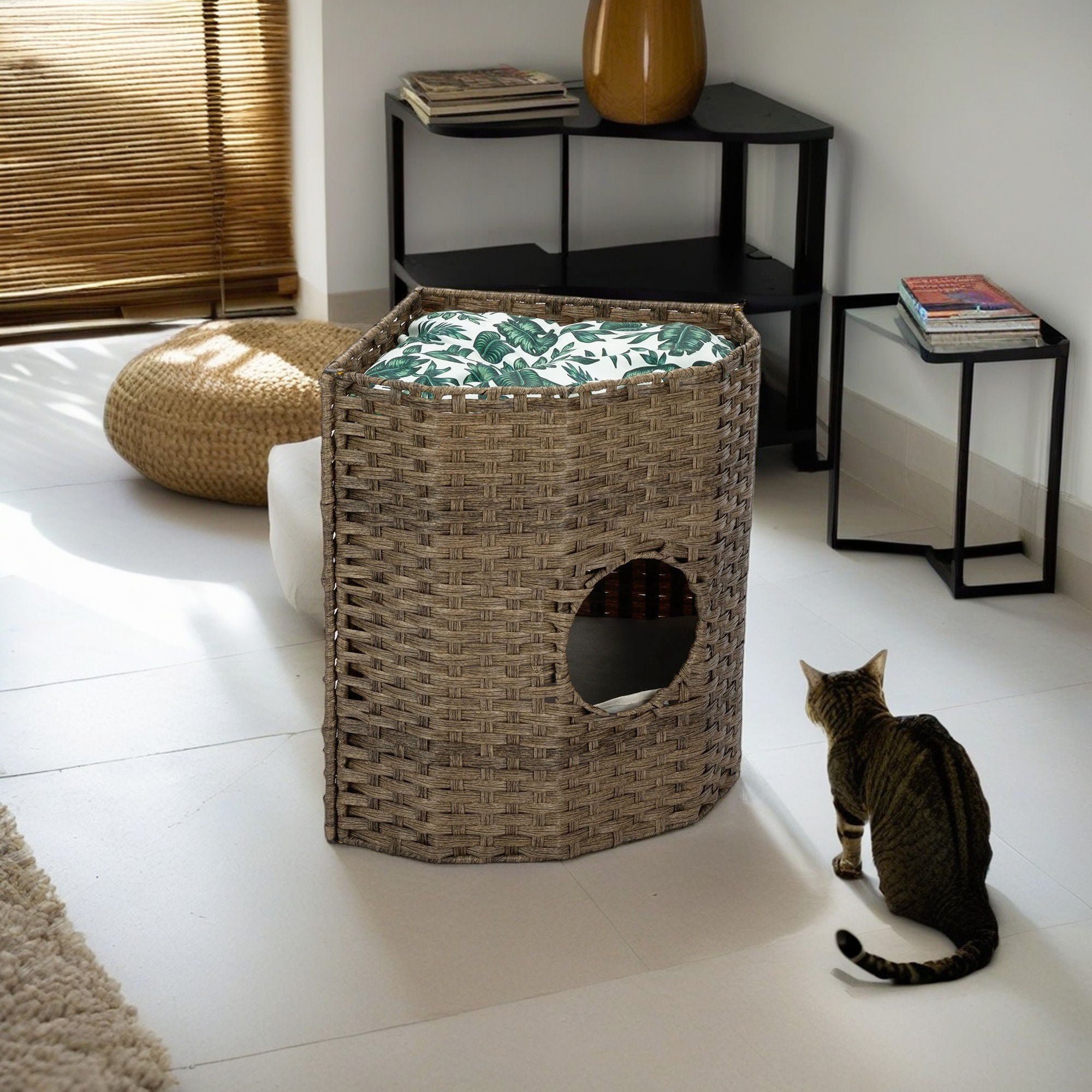 Pefilos 22" Cat Litter Box Enclosure with Waterproof Litter Bag and PP Mat, Hidden Washroom Handwoven Rattan Cat House for Living Room, Bedroom, Brown
