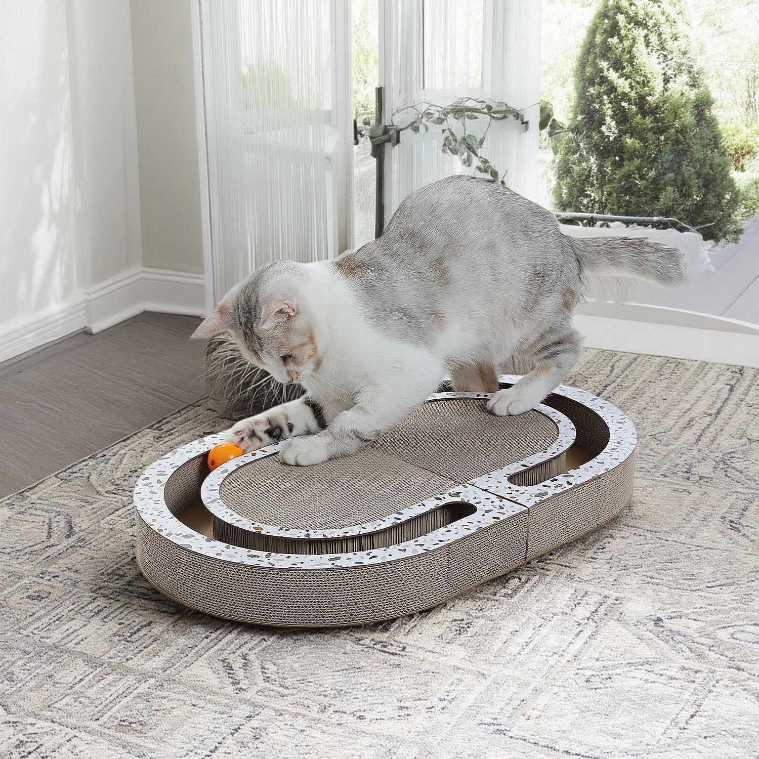 Pefilos 22" Cat Scratcher Cardboard Bed Bone with Ball Toy, Double-Sided Durable, Cat Scratching Pads Cat Scratch, Brown
