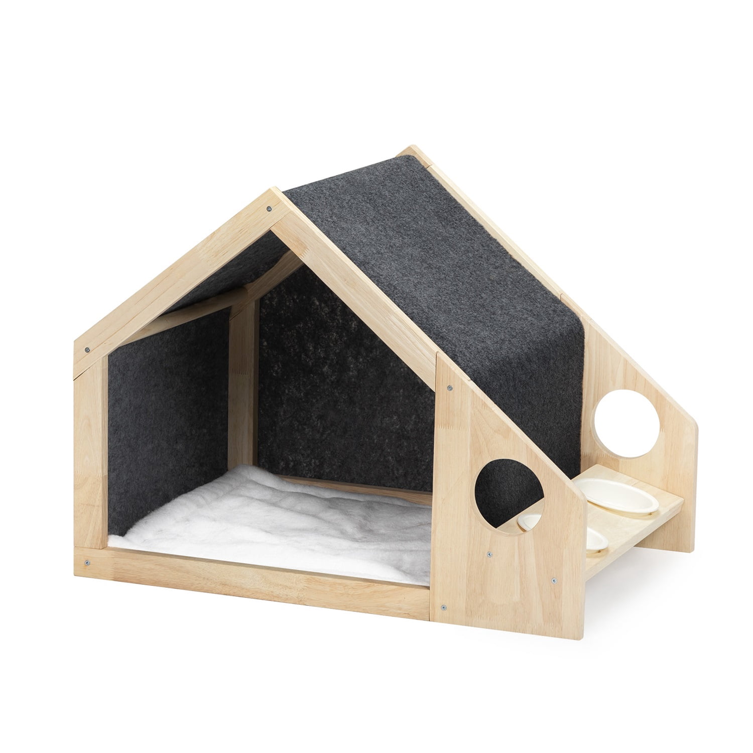 Pefilos 22" Pet House with Bowl for Small Animals Wooden Dog Houses Indoor Kennel with Mat Bunny Rabbit Hutch for Playing and Resting Cat House, Beige