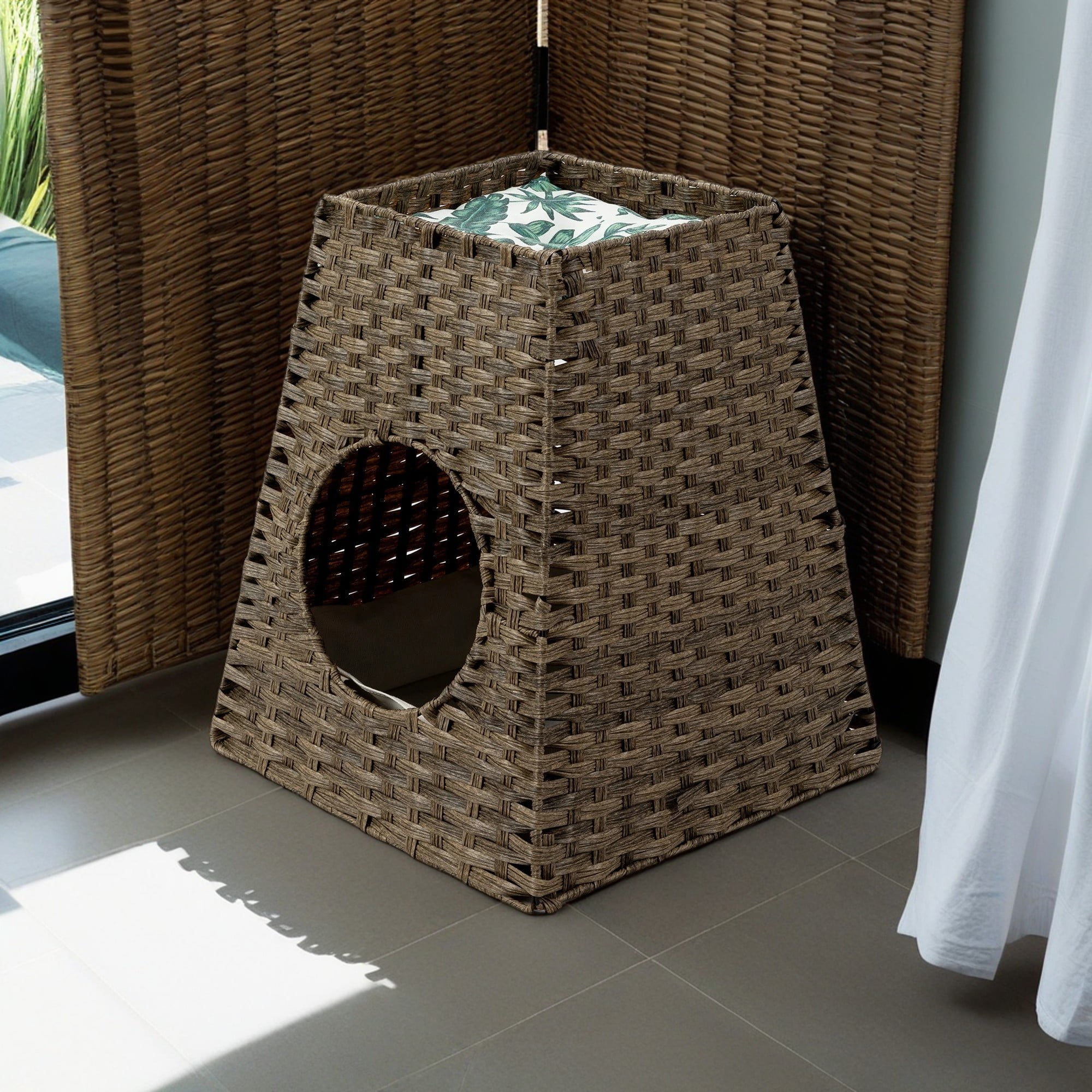 Pefilos 22" Woven Rattan Cat Litter Box Enclosure Furniture, Cat House, Detachable Cat Washroom with Cotton Linen Mat for Living Room, Balcony, Bedroom, Brown Pefilos 22" Woven Rattan Cat Litter Box Enclosure Furniture, Cat House, Detachable Cat Washroom with Cotton Linen Mat for Living Room, Balcony, Bedroom, Brown