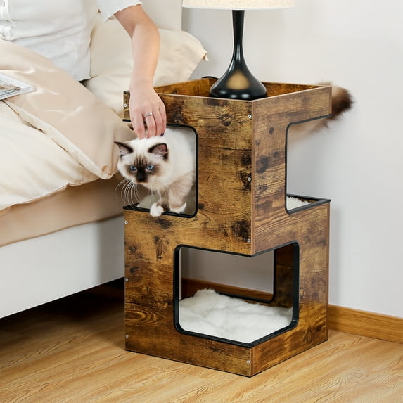 Pefilos 23.6" Cat Tree House for Indoor Cats, Wood Cat House for Kittens, Cat Condo with Free Cat Toy, Scratching Pad and Removable Soft Mats, Brown