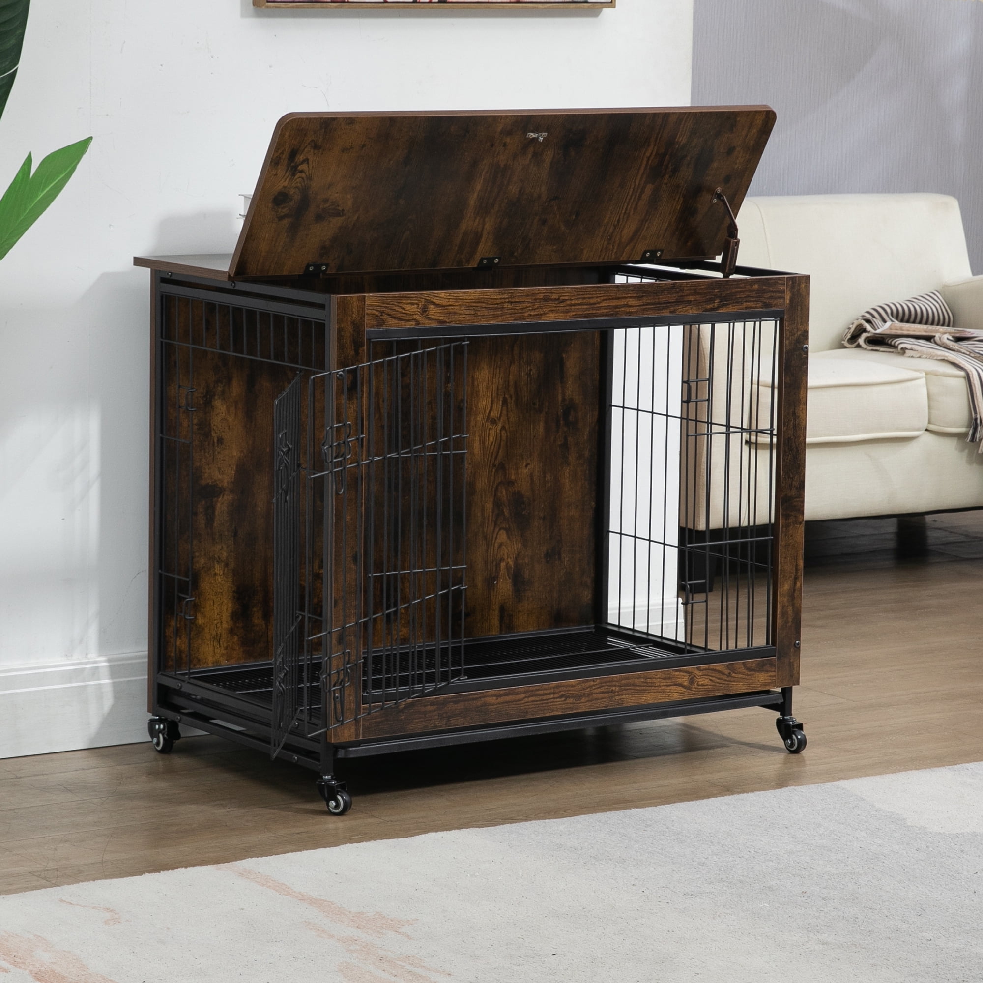 Pefilos 23.6" Double-Doors Dog Crate with Cushion, Indoor Wooden Dog Cage Furniture, Dog House Kennel for Small Dogs, Brown Pefilos 23.6" Double-Doors Dog Crate with Cushion, Indoor Wooden Dog Cage Furniture, Dog House Kennel for Small Dogs, Brown