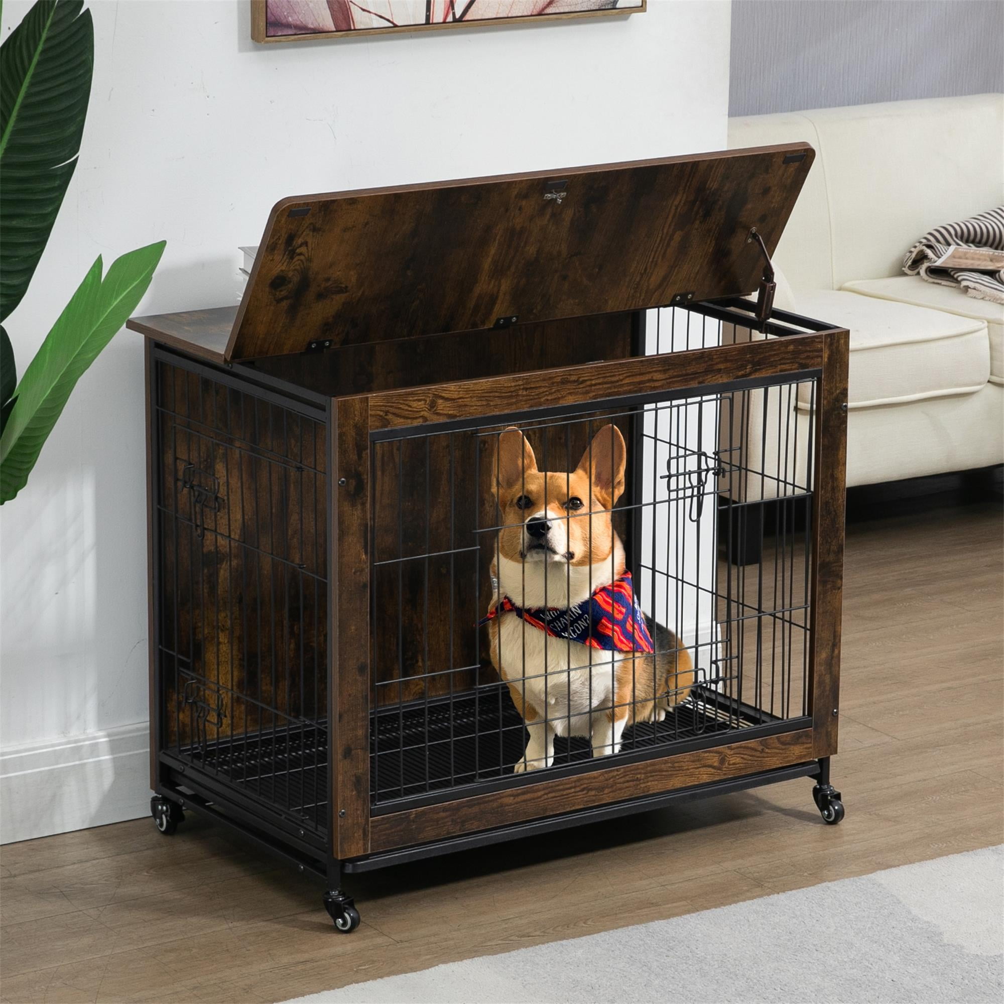 Pefilos 23.6"L Wood Dog Crate Furniture with Cushion, Double-Doors Dog Cag for Indoor, Dog House, Dog Kennel for Small Dogs, Brown Pefilos 23.6"L Wood Dog Crate Furniture with Cushion, Double-Doors Dog Cag for Indoor, Dog House, Dog Kennel for Small Dogs, Brown