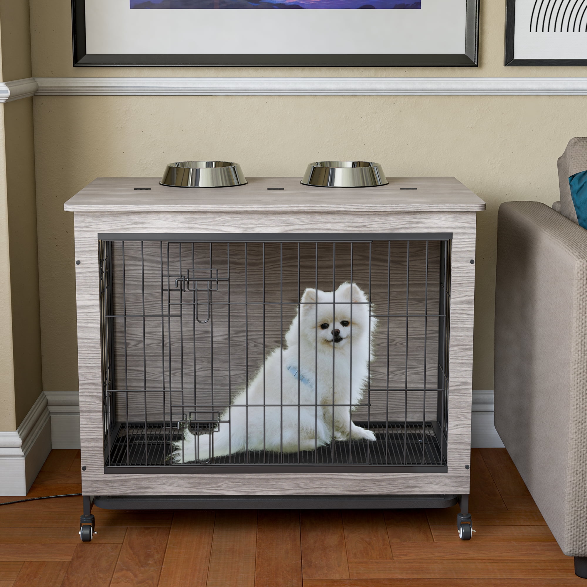 Pefilos 23.6"L Wood Dog Crate Furniture with Cushion, Double-Doors Dog Cag for Indoor, Dog House, Dog Kennel for Small Dogs, Gray Pefilos 23.6"L Wood Dog Crate Furniture with Cushion, Double-Doors Dog Cag for Indoor, Dog House, Dog Kennel for Small Dogs, Gray